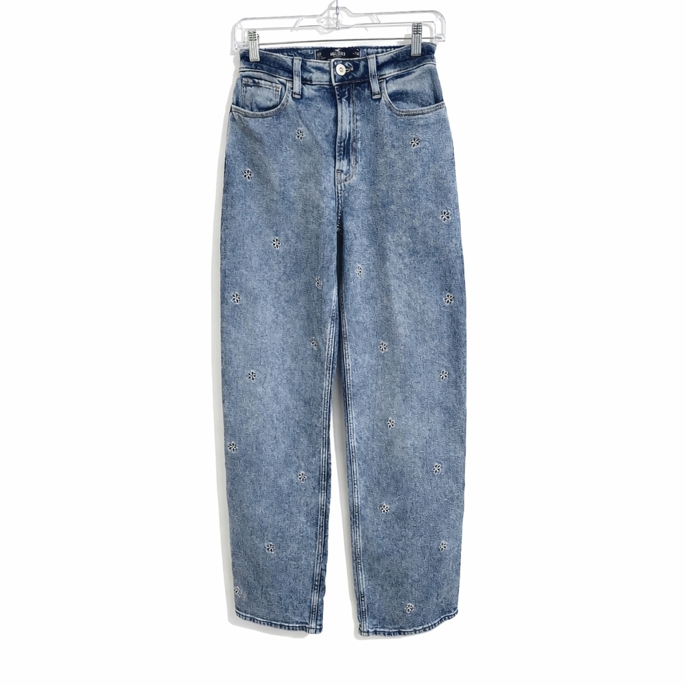 Hollister Ultra High-Rise Dad Jeans Floral Embroidered Denim Size 00R